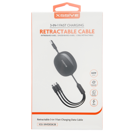 XSSIVE Retractable 3-in-1 Fast Charging and Data Transfer Cable XSS-3IN1DESK2B - Black
