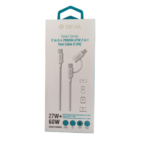 Câble 2-en-1 Type-C vers Type-C & Lightning Devia - 60W - 1.2M - Blanc