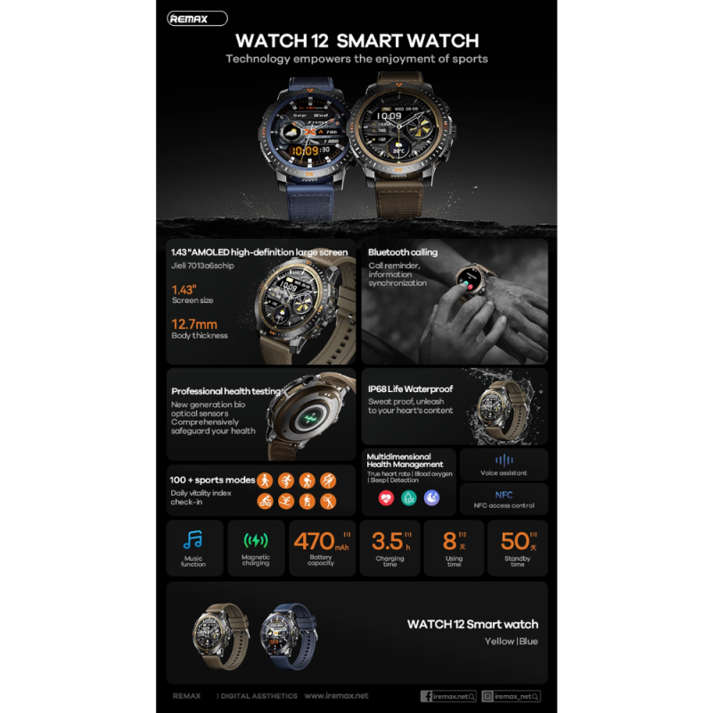 Remax WATCH12 Waterproof Smartwatch - 470mAh Battery - AMOLED Display ...