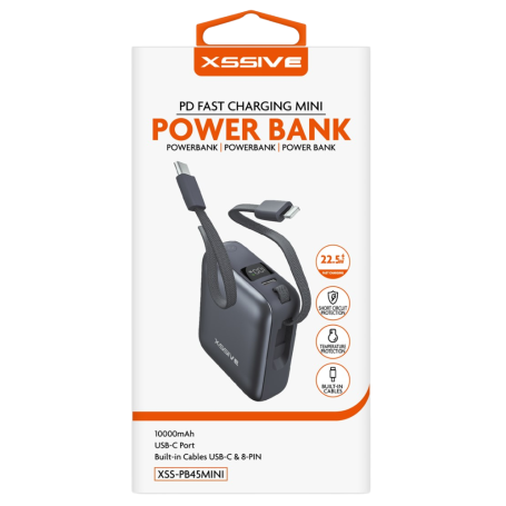 XSSIVE XSS-PB45MINI Mini Power Bank 10000mAh – Built-in USB-C & Lightning Cables - Black