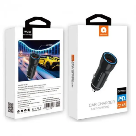 18W USB + 20W USB-C Black Car Charger - C146 (WUW)
