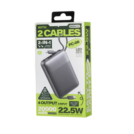Power Bank 22,5 W 20,000 mAh FC-06 REMAX Argent avec Câbles de Charge Rapide - Autonomie et Efficacité Maximales