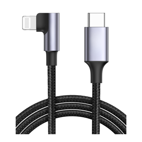 USB-C/Lightning Cable 90 Degree Angled Nylon Braided 1M Black - Durable Fast Charging Solution