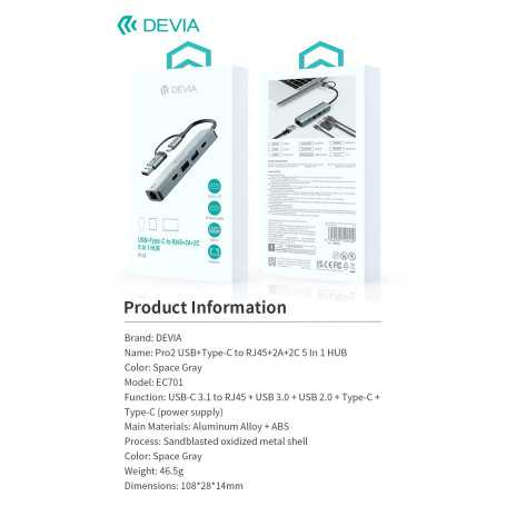HUB Type-C 5 in 1 DEVIA USB 3.0 x3 Card Reader PD 3.0 Fast Charge Adapter - Updated Version