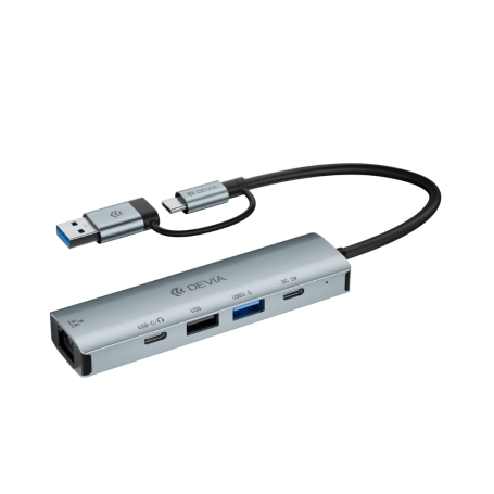 DEVIA- Pro2 5-in-1 Type-C+USB HUB RJ45+USB2.0+USB3.0+TYPE-C+TYPE-C(power supply)