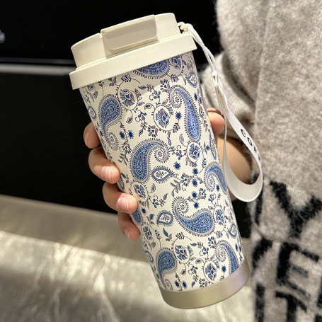 Insulated Stainless Steel Water Bottle with Extended Carrying Rope 530ml - Cashew