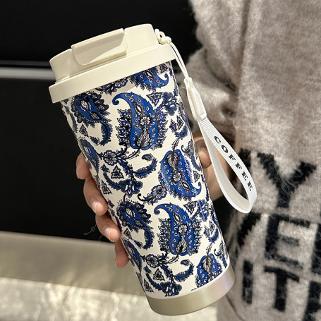 Insulated Stainless Steel Water Bottle with Widened Carrying Rope 530ml - Blue Leaves