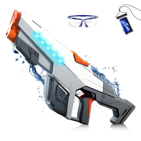 Pistolet à Eau Électrique Puissant 1000ml – Avec Effets de Lumière + Sac Étanche + Lunettes de Protection - Gris Blanc