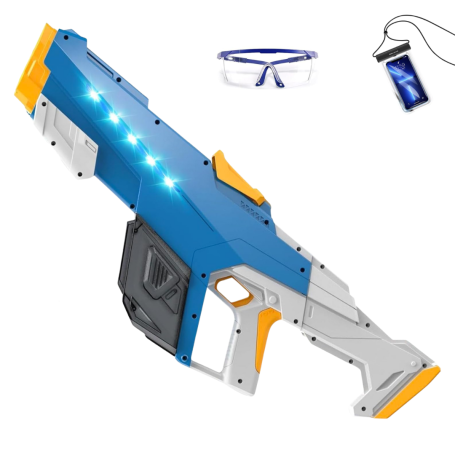 Pistolet à Eau Électrique Puissant 1000ml – Avec Effets de Lumière + Sac Étanche + Lunettes de Protection - Bleu