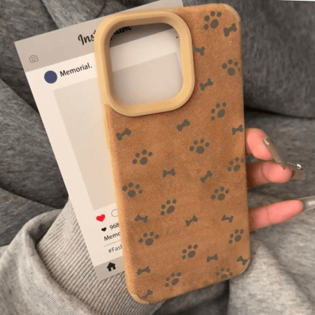 Protective Faux Suede iPhone Case - Soft Touch with Cat Paw & Bone Design