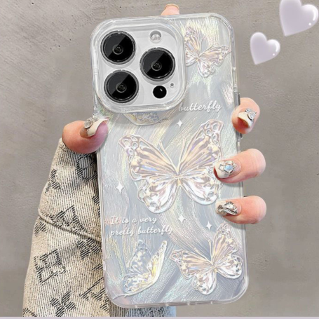 Coque pailletée souple pour iPhone - Papillons argentés sur fond dégradé effet plume argentée
