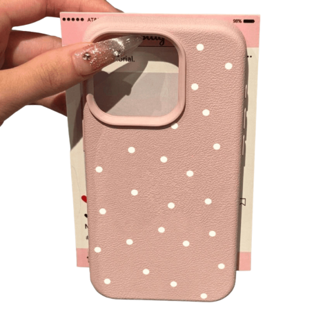 Classic Pink Lychee Case with White Polka Dots for iPhone | Stylish Protection & Durable Design