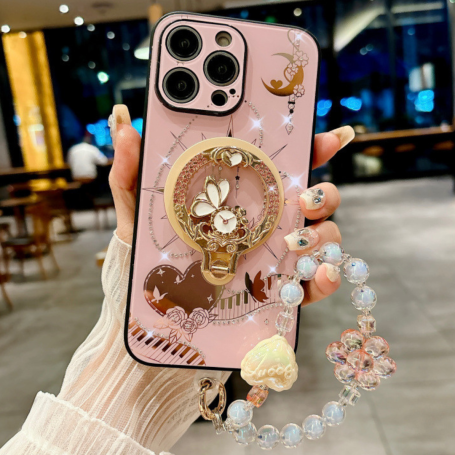 Coque de Protection magnétique pour iPhone + Support décoratif + Bracelet perlé – Style Rose élégant