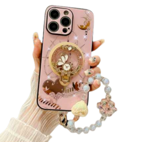 Magnetic Protective Case for iPhone with Decorative Stand & Elegant Pink Beaded Bracelet
