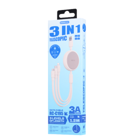 Câble de recharge, Adaptateur USB - Câble 3-en-1 3A - USB-Type C+L+Micro - Charge rapide 15W REMAX RC-C195(A-C+L+M) - 1.2M - Bla