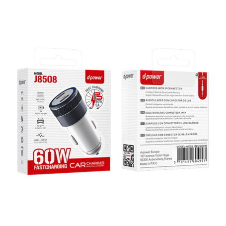 Adaptateur Secteur, Chargeur USB - Chargeur Voiture Rapide Secteur 2 Type-C 60W - D-Power J8508 - Blanc, prix de gros.