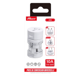Travel Plug, International Charger - Universal Power Adapter UK / AU / US / EU 10A - FASR AD6 - White, wholesale price