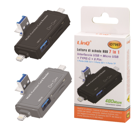 Adaptateur Multiports, Lecteur Multicartes - Lecteur de Cartes 7-en-1 Type-C / USB / Lightning / TF / SD / Micro-USB - LinQ ID79