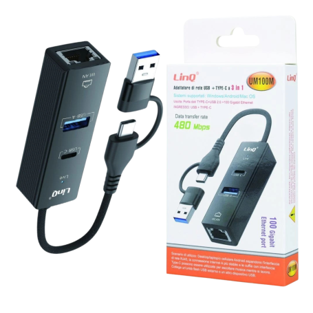 Hub, Convertisseur - Adaptateur 3-en-1 USB / Type-C vers Ethernet / USB / Type-C - LinQ UM100M, prix de gros.