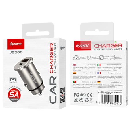 Adaptateur, Convertisseur - Chargeur 48W Allume-Cigare Avec 2 Ports Type-C + USB-A - D-power J8506 - Gris, prix de gros.