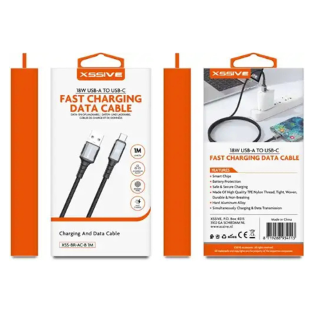 Charging Cable, Connector - Braided USB-A/USB-C 18W 1M Cable XSSIVE XSS-BR-AC-B 1M - Black, wholesale price