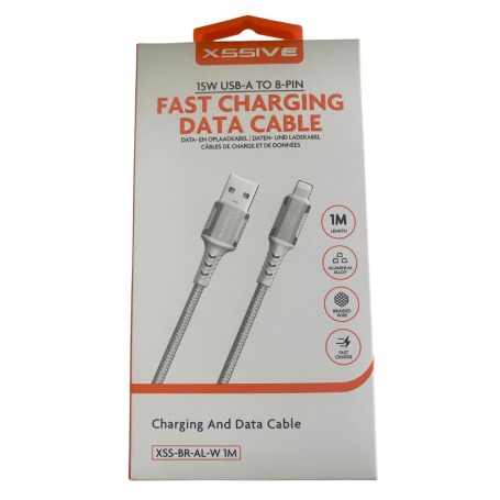 Cable, Charger - Braided USB/Lightning Charging Cable 15W 1M XSSIVE XSS-BR-AL-W 1M - White, wholesale price