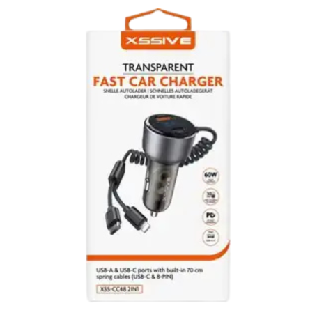 Car Charger, Auto Adapter - Rapid USB and Type-C Car Charger with Type-C and Lightning 2-in-1 Cables - 60W - 0.7m - XSSIVE XSS-C