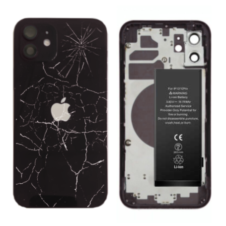 Back Cover, Frame - iPhone 12 Black Complete Chassis -Without Charging Connector with Battery (Original Disassembled) - Broken,