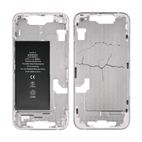 Smartphone Apple, Téléphone - Châssis iPhone 14 Blanc - sans Connecteur de Charge avec Batterie sans Vitre Arrière (Origine Demo