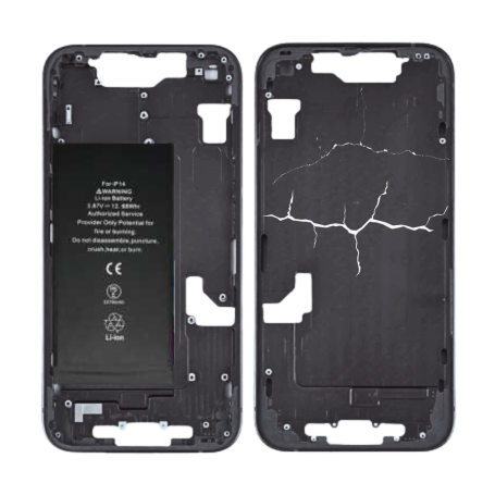 Coque, Structure - Châssis iPhone 14 Noir - sans Connecteur de Charge avec Batterie sans Vitre Arrière (Origine Demonté) - Cassé