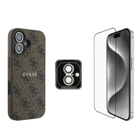 GUESS Bundle Protecteur 3-en-1 pour iPhone – Coque MagSafe, Verre trempé et Protection d’objectif caméra 4G Rhinestone – Marron