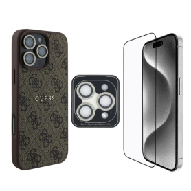 GUESS Bundle Protecteur 3-en-1 pour iPhone – Coque MagSafe, Verre trempé et Protection d’objectif caméra – Marron