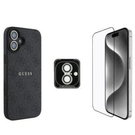 Coque iPhone, MagSafe, Protection – GUESS Bundle Protective 3-en-1 pour iPhone – Coque MagSafe, Verre trempé et Protection Objec