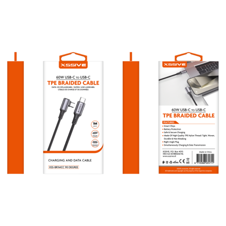 Accessoire de charge - Câble Tressé 60W USB-C / USB-C 1m XSSIVE XSS-BR1MCC 90°, prix de gros.