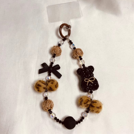 Cell Phone Accessory - Phone Strap brown + black with Bear and Pom Pom, wholesale price