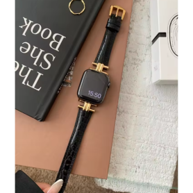 Bracelet, Montre, Accessoire - Bracelet à Boucle pour Apple Watch - Cuir Véritable - Noir et Or, prix de gros.