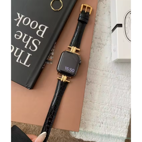 Bracelet, Montre, Accessoire - Bracelet à Boucle pour Apple Watch - Cuir Véritable - Noir et Or, prix de gros.