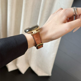 Accessoires, Bandoulière - Bracelet à Boucle pour Apple Watch - Cuir Véritable - Brun et Or, prix de gros.