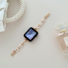 Bijou, Accessoire - Bracelet de Petites Perles Ovales pour Apple Watch - Acier Inoxydable - Or et Blanc, prix de gros.