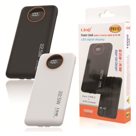 Chargeur Portable, Batterie Externe - Power Bank avec câbles de charge rapide 22.5 W 10000mAh LinQ P851L - Blanc, prix de gros.