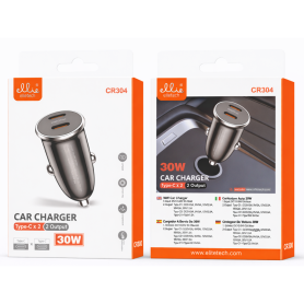 Adaptateur, Chargeur, Alimentation - Chargeur Voiture Rapide 30W Duo USB-C Ellietech CR304 - Noir, prix de gros.