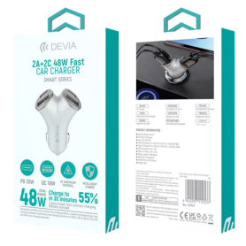 Car Charger, Power Adapter - Devia Smart Series EA506 48W Fast Car Charger with 2 USB-A and 2 USB-C Ports - Gray, wholesale pric