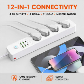 Bloc multiprise, Adaptateur secteur - Multiprise KOS-27022 avec 4 Prises EU, 4 USB-A et 2 USB-C - 3000W - 10A - Câble 2M - Blanc