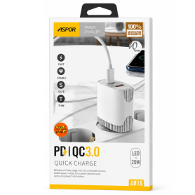 Chargeur Auto, Adaptateur Voiture - Kit Chargeur Voiture USB-C PD 20W +Câble USB-C vers USB-C- ASPOR A816 - Blanc, prix de gros.