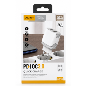 Chargeur, Adaptateur - Kit Chargeur Voiture USB-C +USB-A PD/QC 3.0 20W - ASPOR A816 - Blanc, prix de gros.