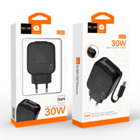 Chargeur USB, Adaptateur Secteur - Chargeur Secteur Rapide GaN 30W USB-C avec Câble USB-C Rétractable Intégré WUW-C257 - Noir, p