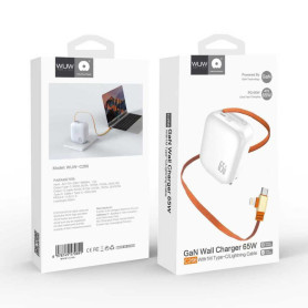 Adaptateur, Chargeur, Bloc d'alimentation - Chargeur Secteur Rapide GaN 65W avec Câble 2-en-1 USB-C / Lightning 1M WUW-C266 - Bl