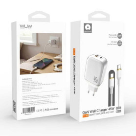 Chargeur, Adaptateur - Kit Chargeur Rapide GaN 45W USB-C + USB-A avec Câble USB-C 1M WUW-T116 - Blanc, prix de gros.