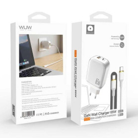 Chargeur, Adaptateur - Kit Chargeur Rapide GaN 65W USB-C + USB-A avec Câble USB-C 1M WUW-T117 - Blanc, prix de gros.