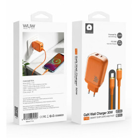 Chargeur, Adaptateur - Kit Chargeur Rapide GaN 30W USB-C + USB-A avec Câble USB-C to Lightning 1M WUW-T115 - Orange, prix de gro